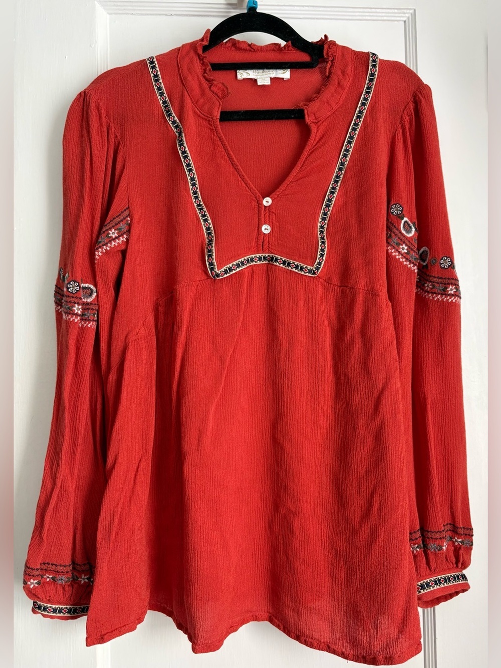 Suzanne Betro Embroidered Peasant Boho TunicRust Red Long Sleeve Tunic Top Sz: M